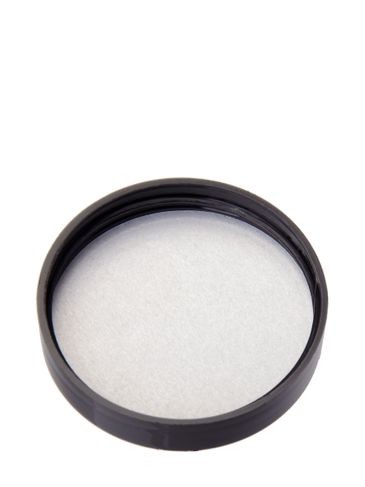 Black PP plastic 53-400 smooth skirt lid with printed pressure sensitive (PS) liner