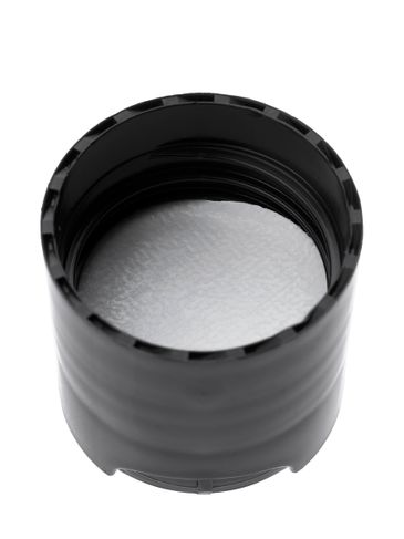 Black 100% PCR PP plastic 24-410 smooth skirt disc top lid with unprinted foil pressure sensitive (PS) liner