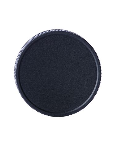 Black PP plastic 58-400 ribbed skirt lid with printed heat induction seal (HIS) liner