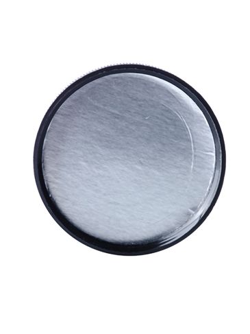 Black PP plastic 58-400 ribbed skirt lid with printed heat induction seal (HIS) liner
