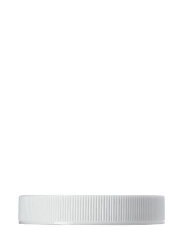 White PP plastic 58-400 ribbed skirt lid with printed universal heat induction seal (HIS) liner