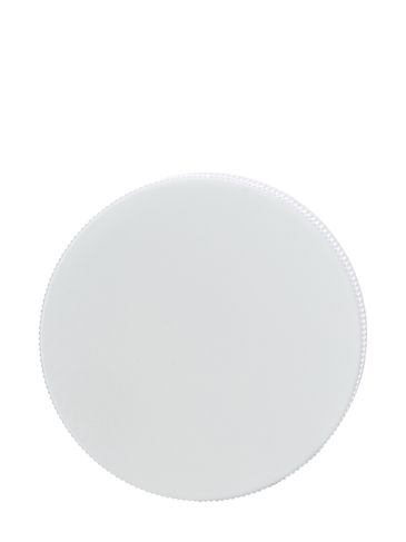 White PP plastic 58-400 ribbed skirt lid with printed universal heat induction seal (HIS) liner