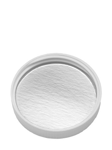White PP plastic 58-400 ribbed skirt lid with printed universal heat induction seal (HIS) liner