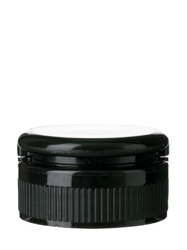 Black PP plastic 28-400 ribbed skirt hinged flip top snap dispensing lid with unprinted pressure sensitive (PS) liner (0.250 inch orifice)
