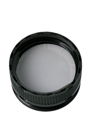 Black PP plastic 28-400 ribbed skirt hinged flip top snap dispensing lid with unprinted pressure sensitive (PS) liner (0.250 inch orifice)
