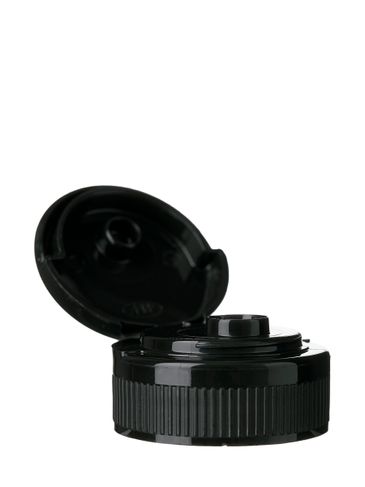 Black PP plastic 28-400 ribbed skirt hinged flip top snap dispensing lid with unprinted pressure sensitive (PS) liner (0.250 inch orifice)