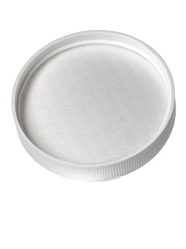 White PP plastic 63-400 ribbed skirt lid with printed pressure sensitive (PS) liner