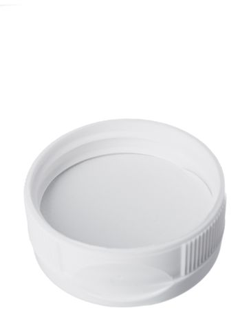 White PP plastic 38-400 ribbed skirt hinged flip top snap dispensing lid with unprinted pressure sensitive (PS) liner (0.25 inch orifice)