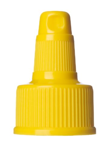Yellow PP plastic 28-410 ribbed skirt flip top snap dispensing lid (0.138 inch orifice)