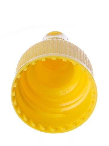 Yellow PP plastic 28-410 ribbed skirt flip top snap dispensing lid (0.138 inch orifice)