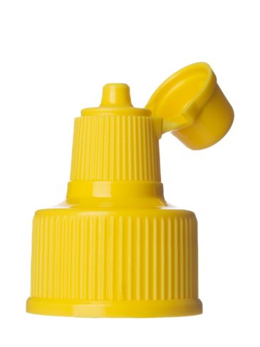 Yellow PP plastic 28-410 ribbed skirt flip top snap dispensing lid (0.138 inch orifice)