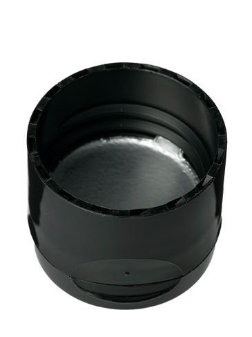 Black PP plastic 24-410 smooth skirt hinged flip top snap dispensing lid with unprinted universal heat induction seal (HIS) liner (0.125 inch orifice)