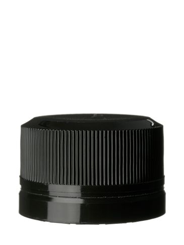 Black PP plastic 28 mm ribbed skirt tamper-evident lid with foam liner