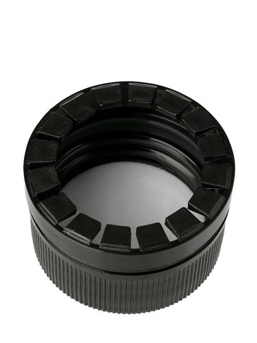 Black PP plastic 28 mm ribbed skirt tamper-evident lid with foam liner