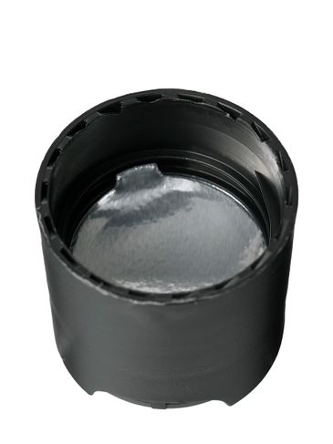 Matte black PP plastic 24-410 smooth skirt domed gloss actuator disc top lid with heat induction seal (HIS) liner (for PE and PP containers only and 0.310 inch orifice)