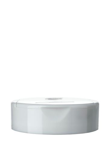 White PP plastic 63-485 smooth skirt 7-hole dual flip top sifter spice lid with printed universal heat induction seal (HIS) liner (0.200 inch orifice)