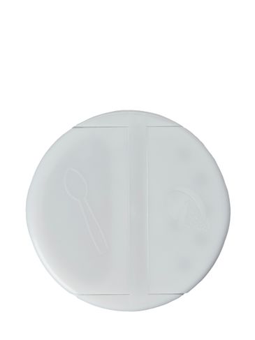 White PP plastic 63-485 smooth skirt 7-hole dual flip top sifter spice lid with printed universal heat induction seal (HIS) liner (0.200 inch orifice)