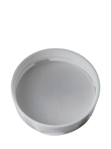 White PP plastic 63-485 smooth skirt 7-hole dual flip top sifter spice lid with printed universal heat induction seal (HIS) liner (0.200 inch orifice)