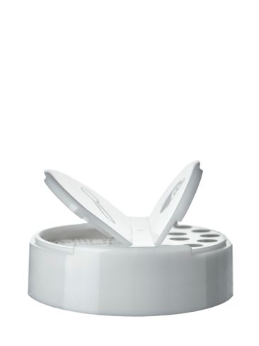 White PP plastic 63-485 smooth skirt 7-hole dual flip top sifter spice lid with printed universal heat induction seal (HIS) liner (0.200 inch orifice)