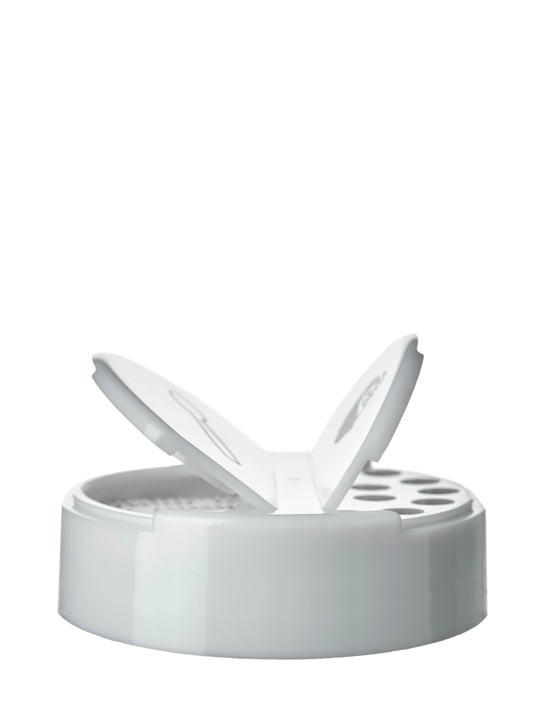 White PP Plastic 63-485 Smooth Skirt 7-Hole Dual Flip Top Sifter Spice Lid – L2476WHH54