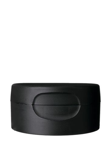 Black PP plastic 38-400 ribbed skirt hinged flip top snap controlled dispensing lid with unprinted pressure sensitive (PS) liner (0.615 inch orifice with silicone dispensing valve)
