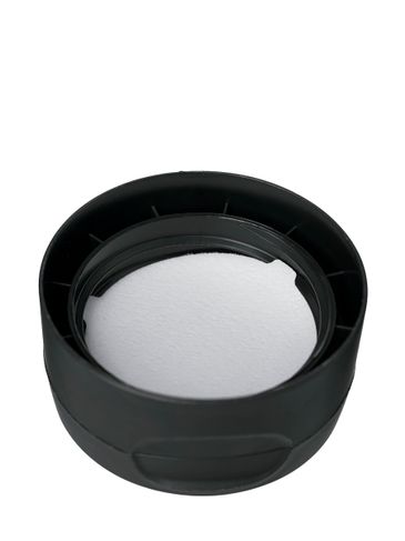 Black PP plastic 38-400 ribbed skirt hinged flip top snap controlled dispensing lid with unprinted pressure sensitive (PS) liner (0.615 inch orifice with silicone dispensing valve)