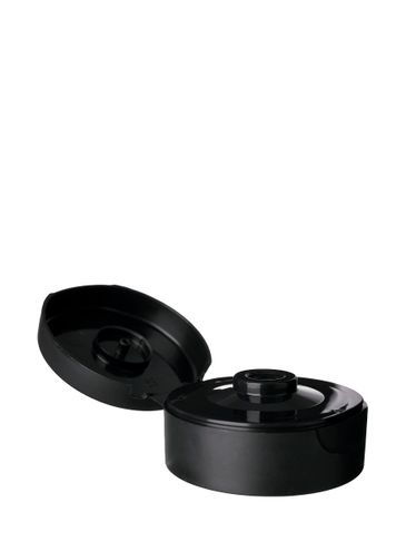 Black PP plastic 38-400 ribbed skirt hinged flip top snap controlled dispensing lid with unprinted pressure sensitive (PS) liner (0.615 inch orifice with silicone dispensing valve)