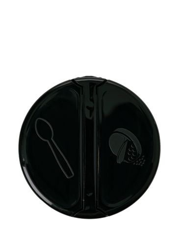 Black PP plastic 53-485 smooth skirt 7-hole dual flip top sifter spice lid with printed universal heat induction seal (HIS) liner (0.200 inch orifice)