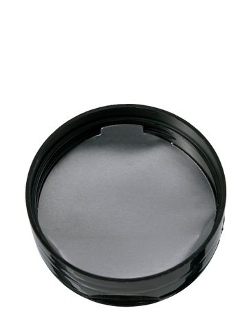 Black PP plastic 53-485 smooth skirt 7-hole dual flip top sifter spice lid with printed universal heat induction seal (HIS) liner (0.200 inch orifice)