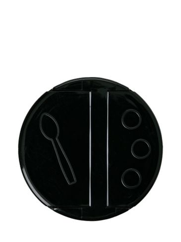Black PP plastic 53-485 smooth skirt 3-hole dual flip top sifter spice lid with printed universal heat induction seal (HIS) liner (0.300 inch orifice)