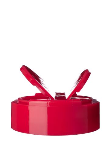 Red PP plastic 53-485 smooth skirt 3-hole dual flip top sifter spice lid with printed universal heat induction seal (HIS) liner (0.300 inch orifice)