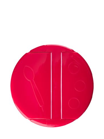 Red PP plastic 53-485 smooth skirt 3-hole dual flip top sifter spice lid with printed universal heat induction seal (HIS) liner (0.300 inch orifice)