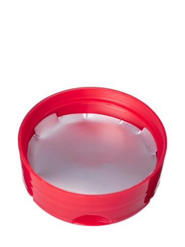 Red PP plastic 53-485 smooth skirt 3-hole dual flip top sifter spice lid with printed universal heat induction seal (HIS) liner (0.300 inch orifice)