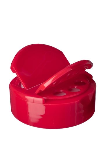 Red PP plastic 53-485 smooth skirt 3-hole dual flip top sifter spice lid with printed universal heat induction seal (HIS) liner (0.300 inch orifice)