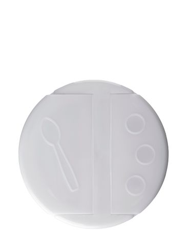 White PP plastic 53-485 smooth skirt 3-hole dual flip top sifter spice lid with printed universal heat induction seal (HIS) liner (0.300 inch orifice)
