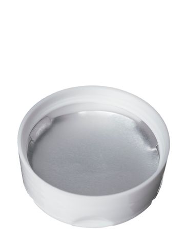 White PP plastic 53-485 smooth skirt 3-hole dual flip top sifter spice lid with printed universal heat induction seal (HIS) liner (0.300 inch orifice)
