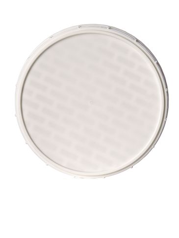 White PP plastic 120 mm ribbed skirt triple-thread lid with printed pressure sensitive (PS) liner