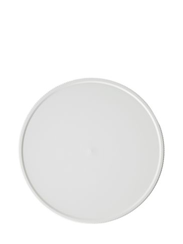 White PP plastic 110-400 ribbed skirt lid with unprinted pressure sensitive (PS) liner