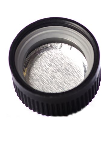 Black PP plastic 24-400 child-resistant pictorial lid with printed universal heat induction seal (HIS) liner