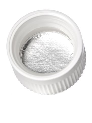 White PP plastic 24-400 child-resistant pictorial lid with printed universal heat induction seal (HIS) liner