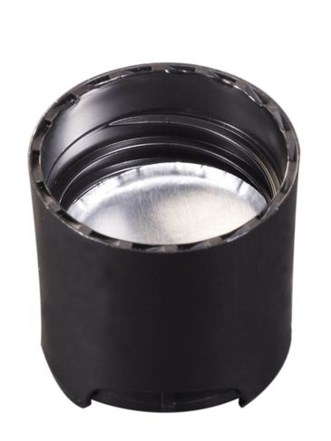 Black PP plastic 24-410 smooth skirt disc top lid with universal heat induction seal (HIS) liner (.308 inch orifice)