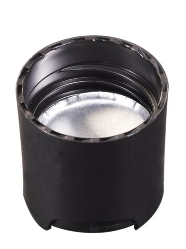 Black PP plastic 24-410 smooth skirt disc top lid (.308 inch orifice) with universal heat induction seal (HIS) liner