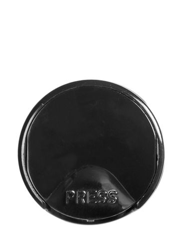 Black PP plastic 24-410 smooth skirt disc top lid with unprinted foil pressure sensitive (PS) liner