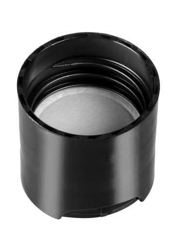 Black PP plastic 24-410 smooth skirt disc top lid with unprinted foil pressure sensitive (PS) liner