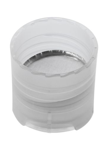 Natural PP plastic 24-410 smooth skirt disc top lid (.308 inch orifice) with universal heat induction seal (HIS) liner