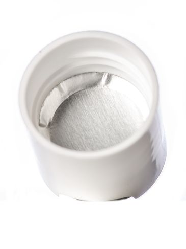White PP plastic 24-410 smooth skirt disc top lid with universal heat induction seal (HIS) liner (.308 inch orifice)