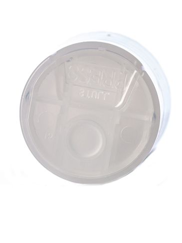 Natural-colored PP plastic 24-410 smooth skirt disc top lid (.312 inch orifice) with unprinted pressure sensitive (PS) liner