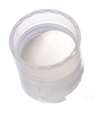 Natural-colored PP plastic 24-410 smooth skirt disc top lid with unprinted pressure sensitive (PS) liner (.312 inch orifice)