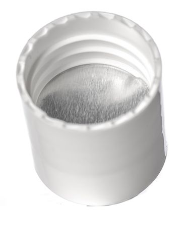 White PP plastic 28-410 smooth skirt disc top lid with heat induction seal (HIS) liner (for HDPE, MDPE, LDPE and PP plastic containers only) (.325 inch orifice)