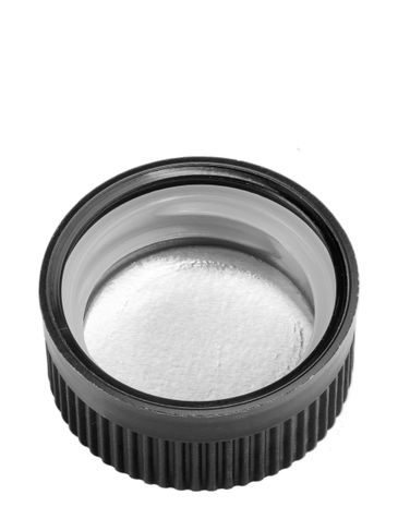 Black PP plastic 28-400 child-resistant pictorial lid with printed universal heat induction seal (HIS) liner